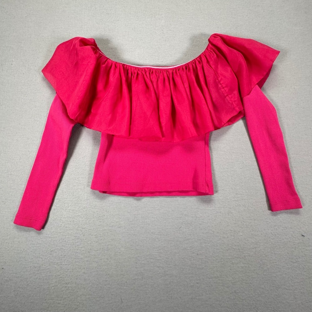 Anthropologie Pink Ruffle Off The Shoulder Long Sleeve Ribbed Knit Top XXS